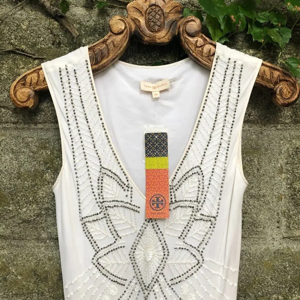 Tory Burch Dress Meris Beaded Art Deco Gatsby 1920 White Dress xs